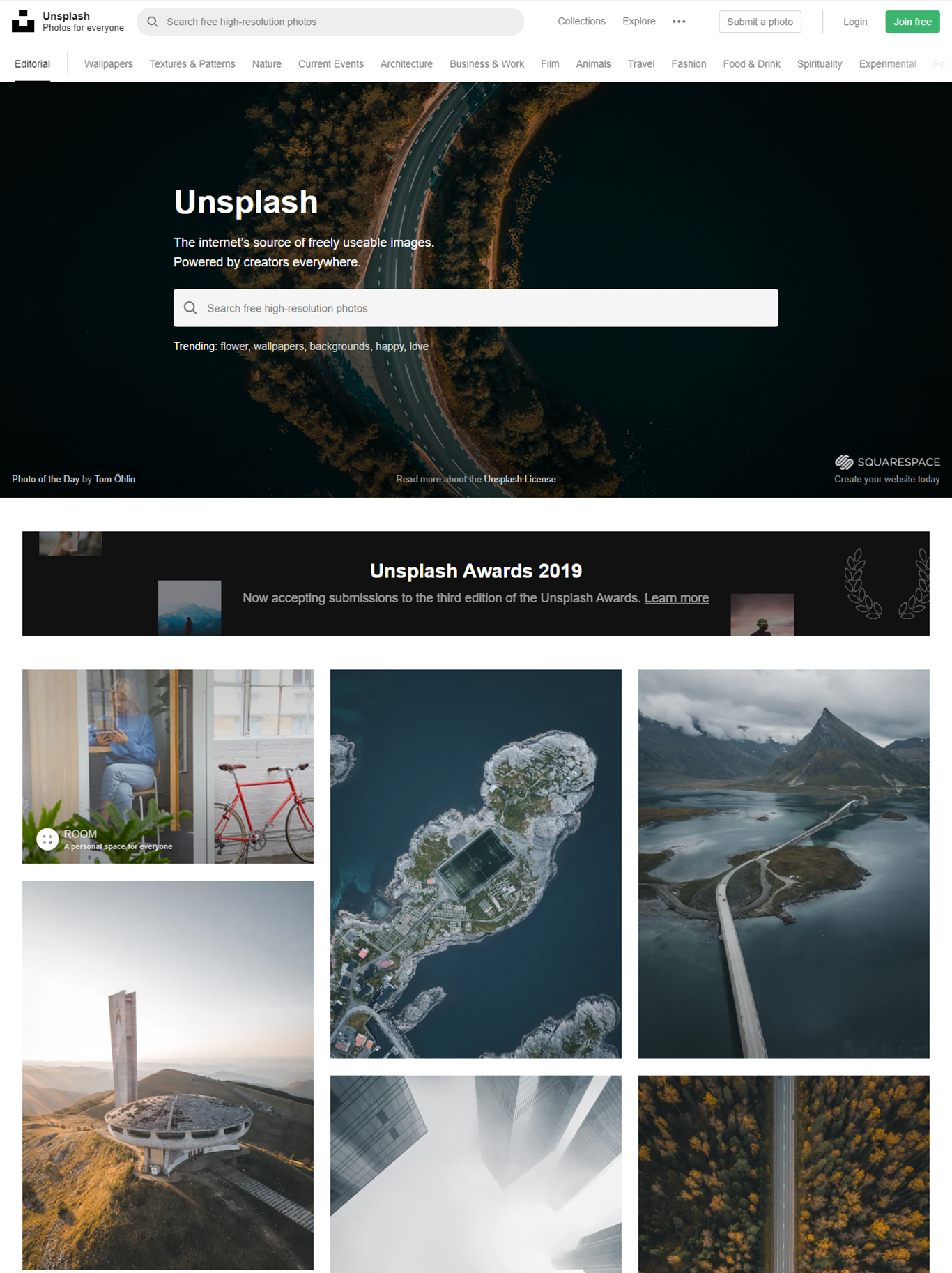 Unsplash Website Screenshot  - free stock images
